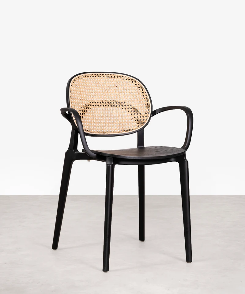 Silla de Comedor en Polipropileno Madera y Ratán con Reposabrazos Calista Arms