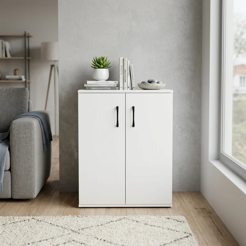 Credenza bassa in legno a 2 ante con maniglie nere 60x78 cm - RALINVEN