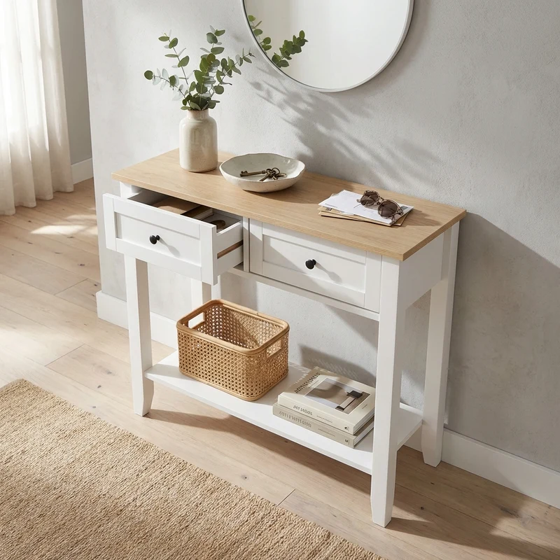 Consolle in legno bianca con cassetti e ripiano inferiore - MAREDOR