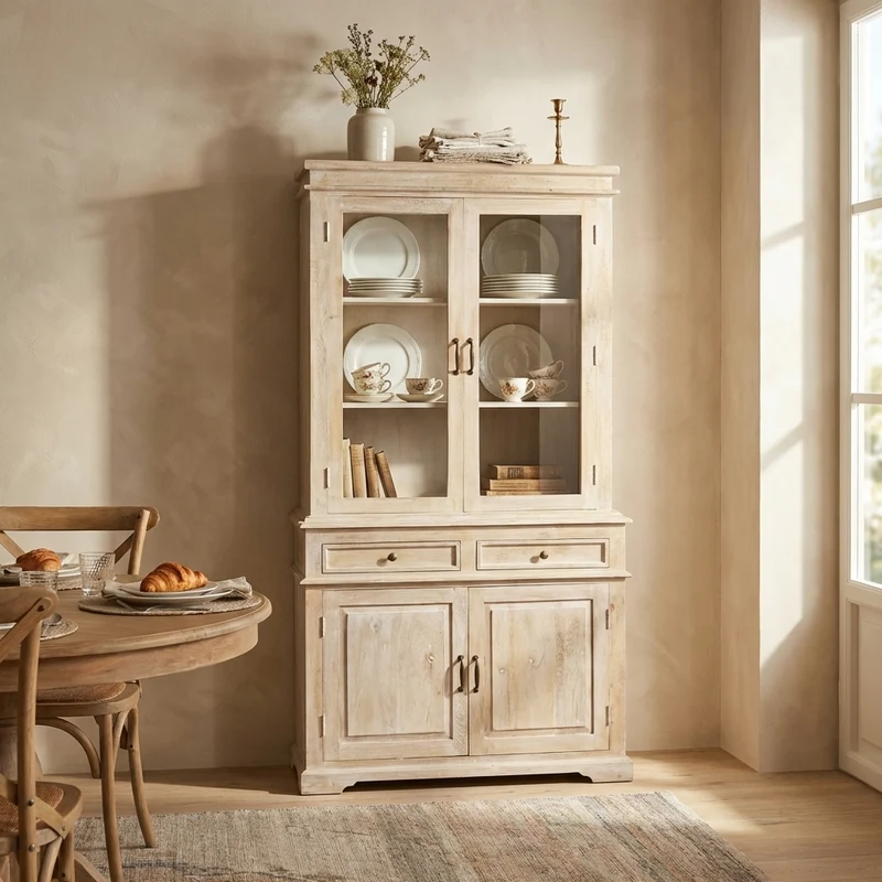 Credenza in legno di mango con vetrina 4 ante e 2 cassetti - ZELINDIL