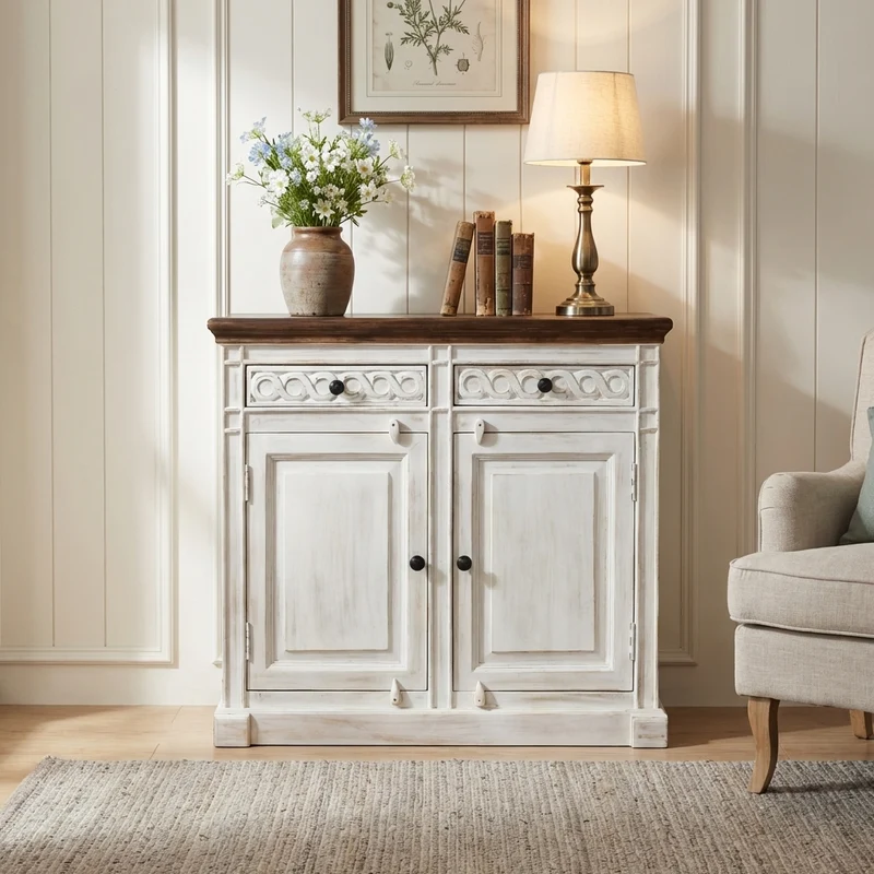 Credenza legno mango 2 ante 2 cassetti stile shabby chic - HELIMOND