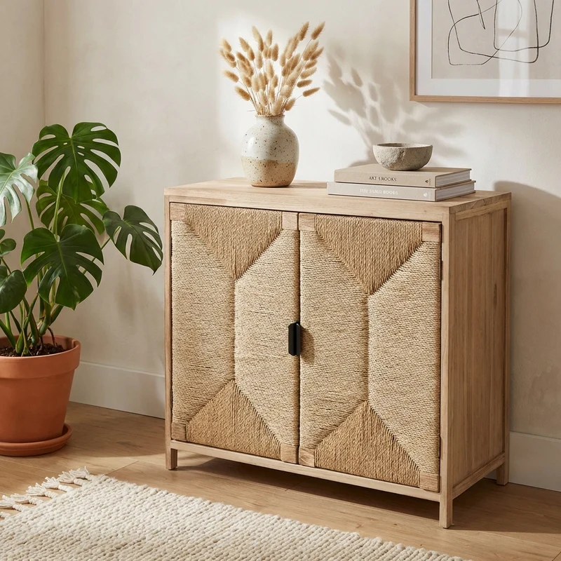 Mobiletto 2 ante in legno con frontali intrecciati in fibra naturale - PERONNOR