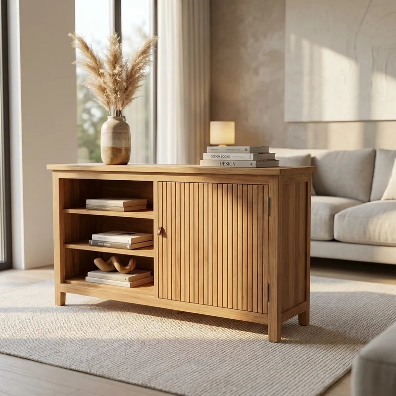 Credenza in legno di teak con ante a doghe e ripiani aperti - PEROVEX