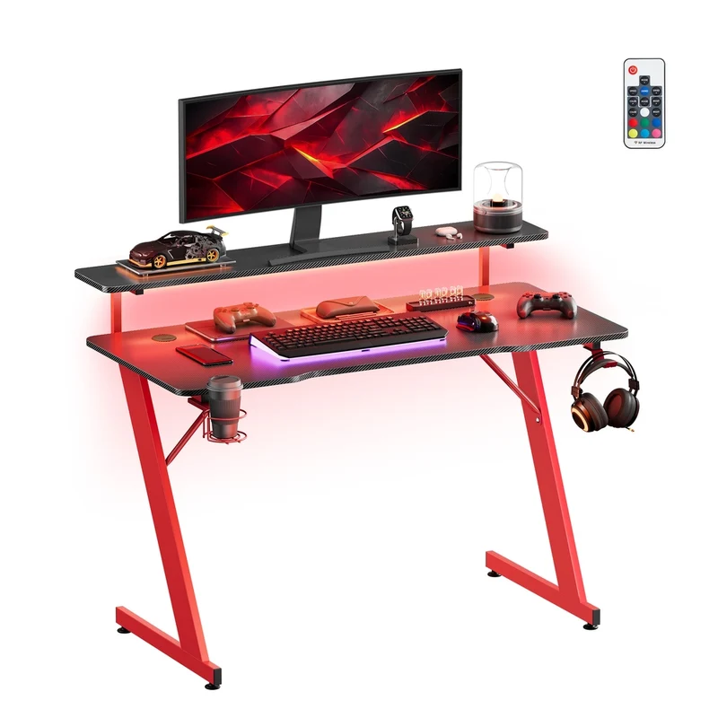 Scrivania da Gaming con Luci LED Portabicchieri e Gancio Nero e Rosso