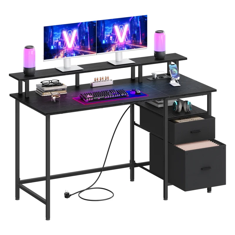 Scrivania per Computer con LED e Prese Nero Ebano