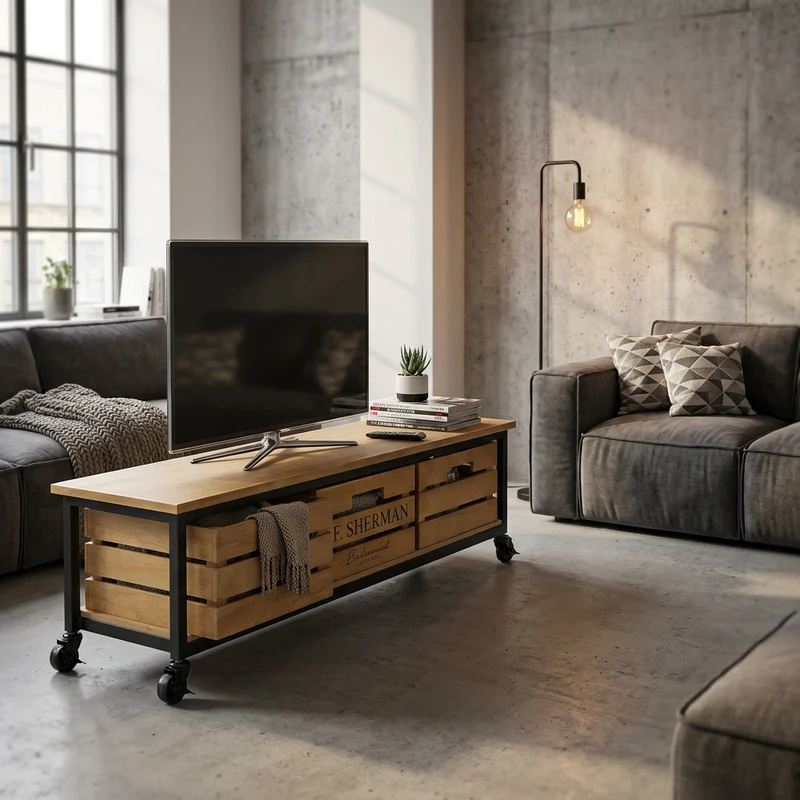 Porta tv Industrial in Acciaio Legno cm 110x30x33 - BILL