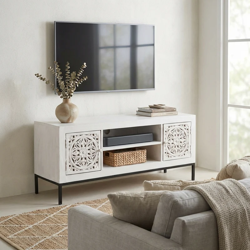 Porta tv con decoro 2 ante 2 ripiani in Legno Metallo cm 130x40x55 - KONNOR