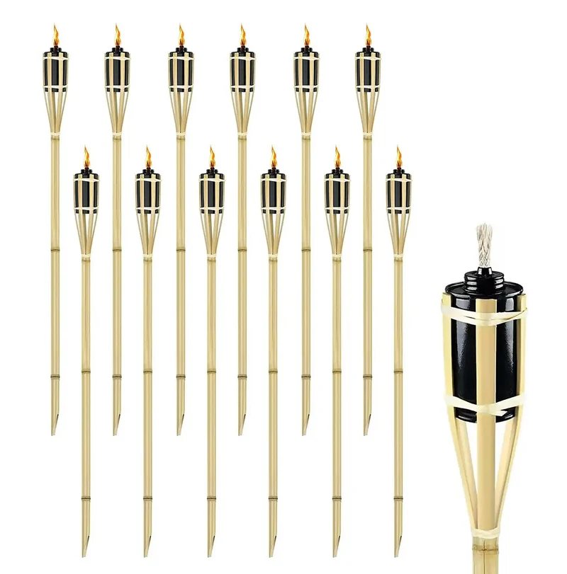 Set 8/12 Pezzi Torcia Grande Da Giardino In Bambù XXL Olio Contenitore In Metallo 90/120/150 Cm Lampada Candela Con Stoppino Fiaccola