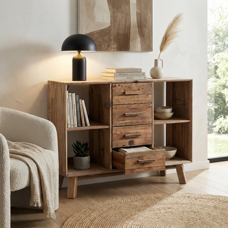Credenza con 4 cassetti in Pino riciclato cm 120x40x90 - PINE