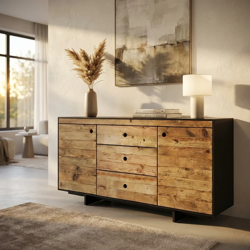 Madia 2 ante 3 cassetti in Pino riciclato cm 150x48x76 - PINE