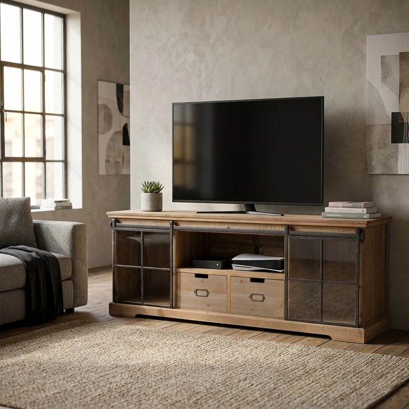 Porta tv per soggiorno Industrial in Legno Acciaio cm 160x45 5x60 - TYBALT