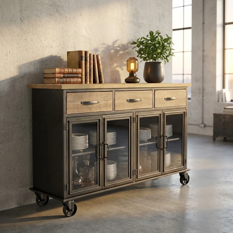 Madia Industrial in Acciaio Legno cm 122x41 6x80 5 - THOMAS