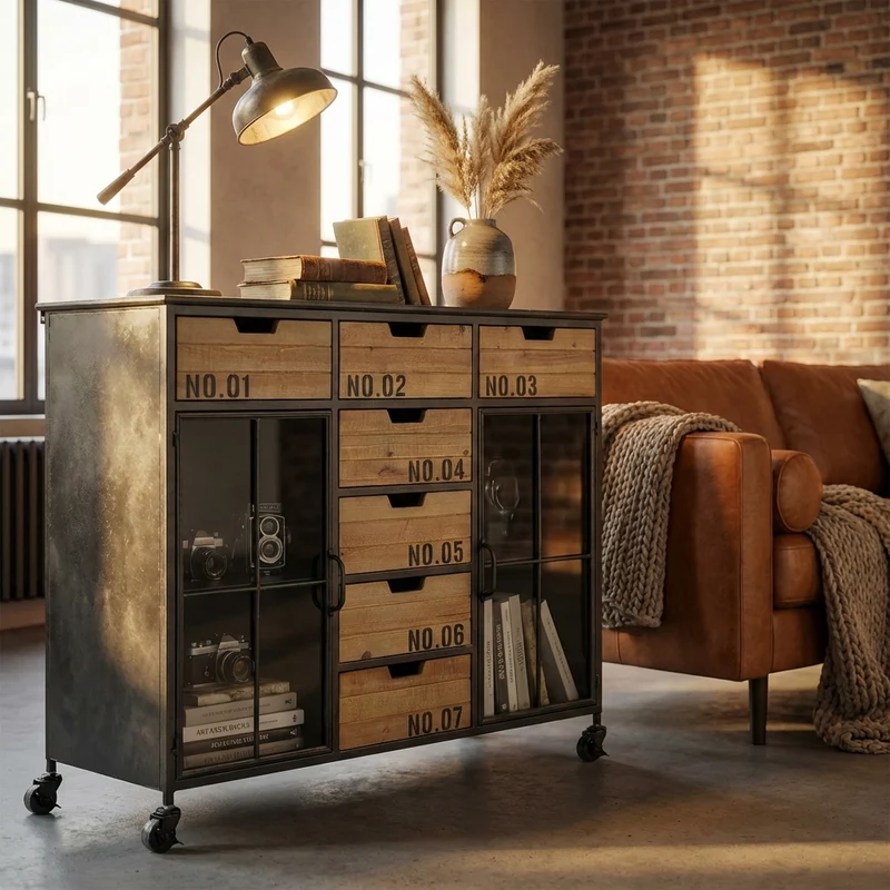 Madia Industrial in Acciaio Legno cm 98 5x38 5x84 - DORAN