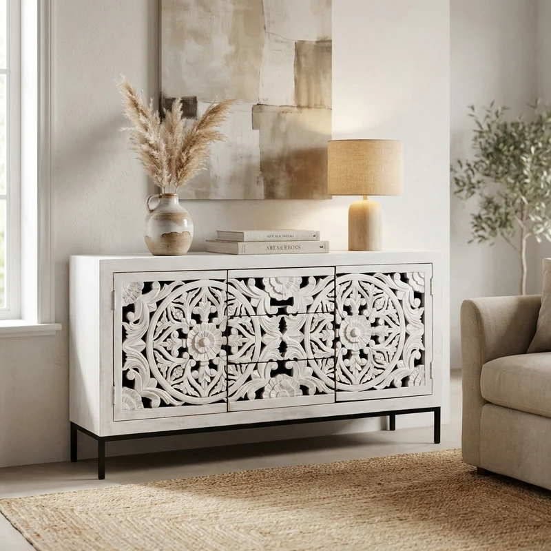 Madia con decoro 2 ante 3 cassetti in Legno Metallo cm 150x40x80 - KONNOR