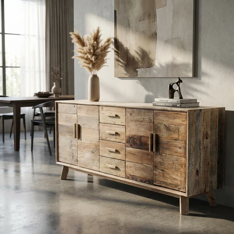 Madia con 4 ante e 4 cassetti in Pino riciclato cm 200x48x85 - PINE