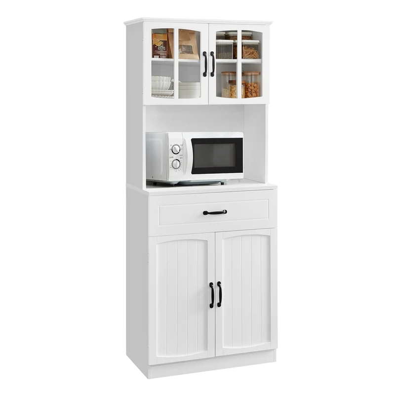 Credenza da Cucina Alta con Ante in Vetro e Ripiani Regolabili