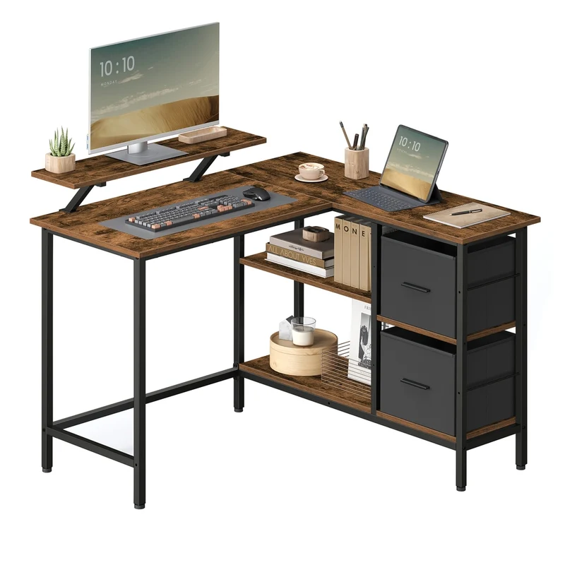 Scrivania a L con Ampi Cesti per Computer con Supporto per Monitor