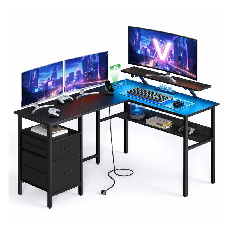 Scrivania per Computer a L con Prese di Corrente Luci a LED