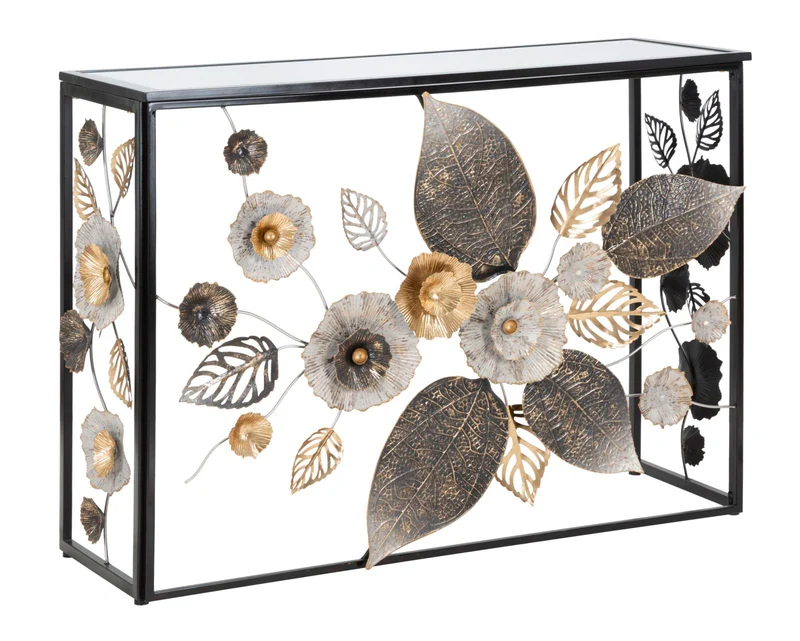 Console metallo con piano a specchio e decori floreali - GLAM