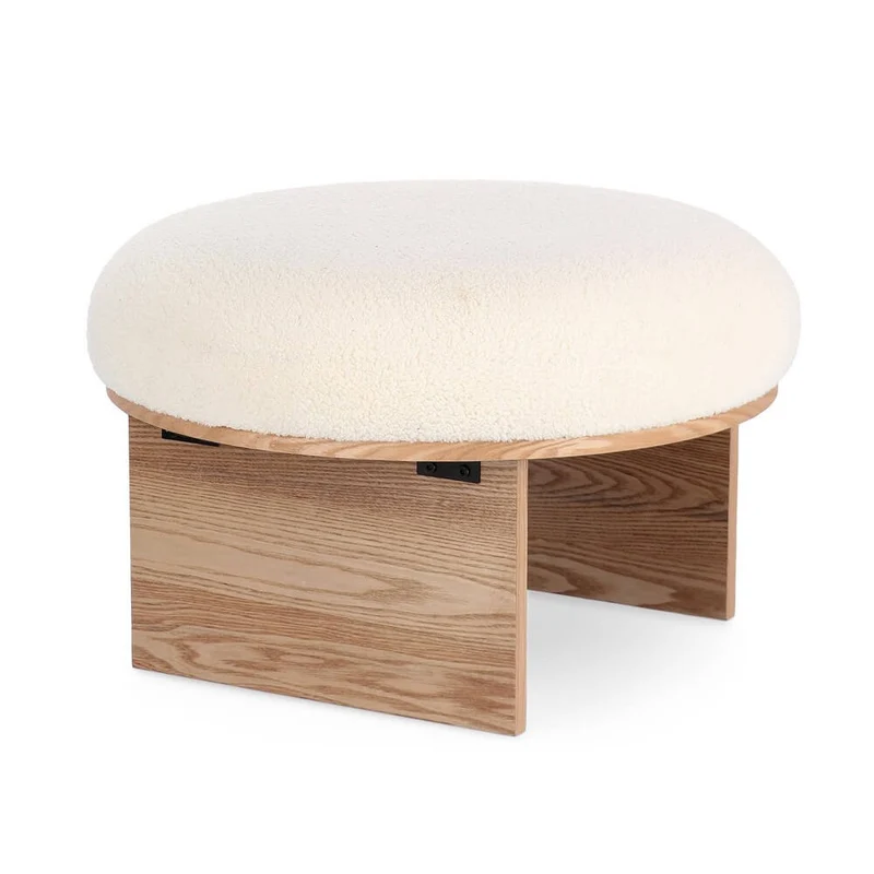 Pouf Rotondo in Tessuto Bouclé con Base in Legno di Frassino - RYAN