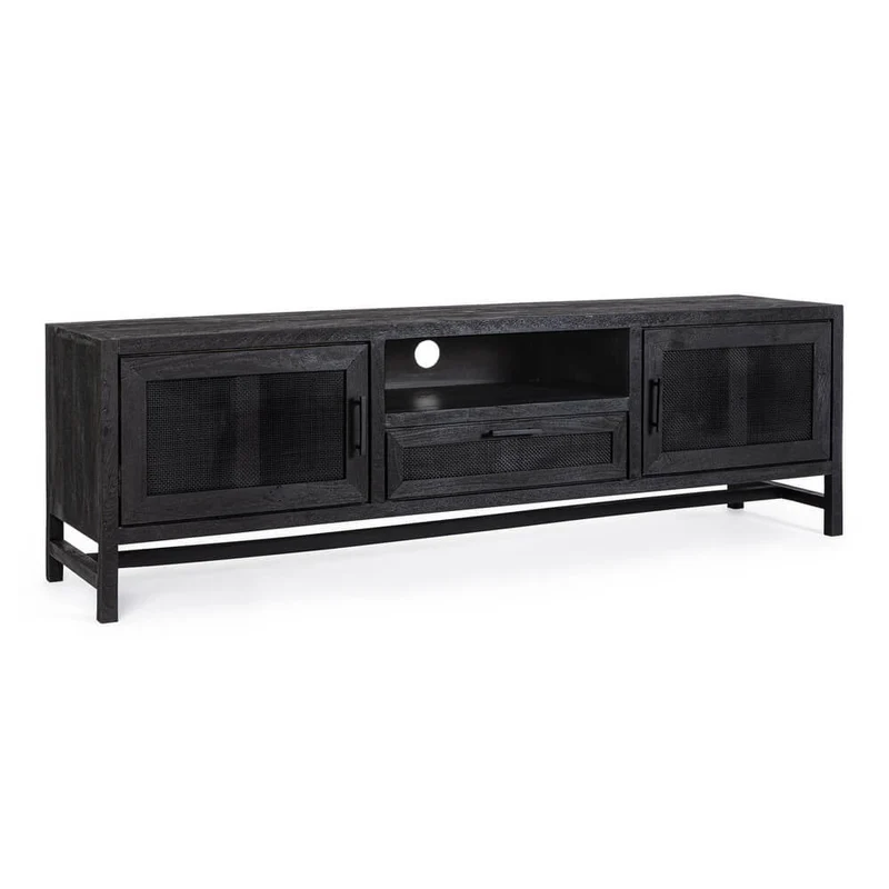 Mobile porta TV in legno di mango con 2 ante e 1 cassetto in rattan - STANLEY