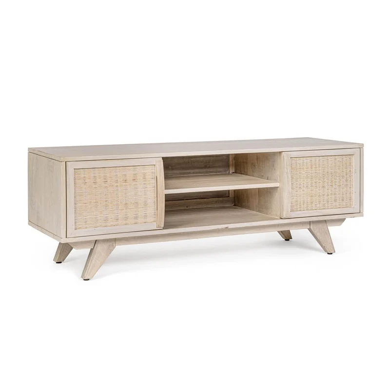 Mobile porta TV in legno di mango con ante in rattan naturale - LENA