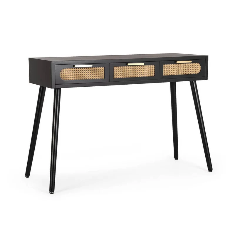 Consolle nera 3 cassetti in MDF con inserti in rattan - JOSIE