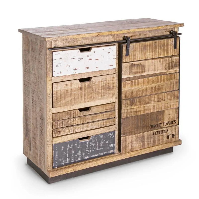Credenza in Legno di Mango con 1 Anta Scorrevole e 4 Cassetti - THEODORE