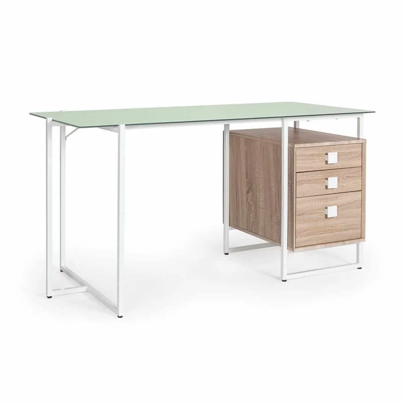 Scrivania con Piano in Vetro e Cassettiera in Legno 3 Cassetti - ESSENCE