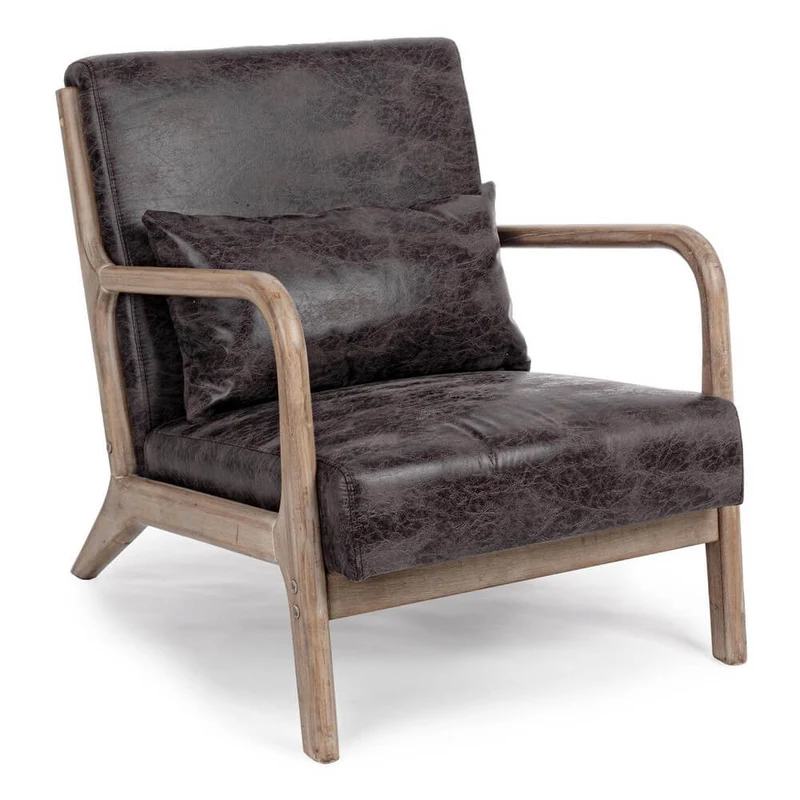 Poltrona con Cuscini in Ecopelle Vintage e Struttura in Legno - MATTHEW