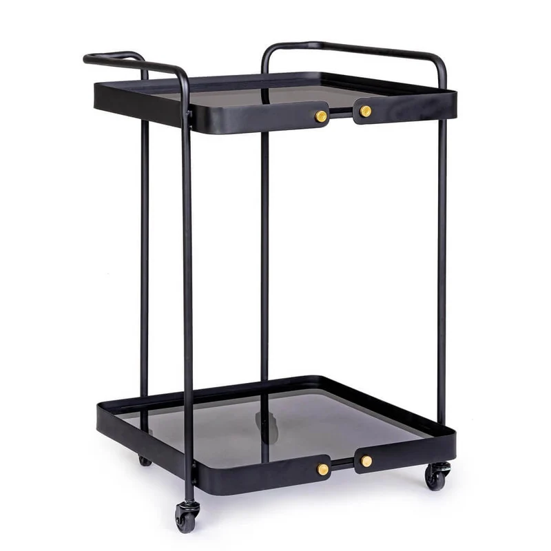 Carrello Bar in Acciaio Nero con Ripiani in Vetro e Ruote - DAMON