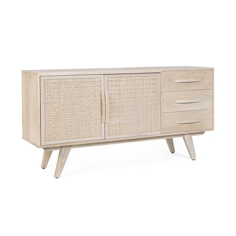 Credenza in Legno di Mango con 2 Ante in Rattan e 3 Cassetti - LENA