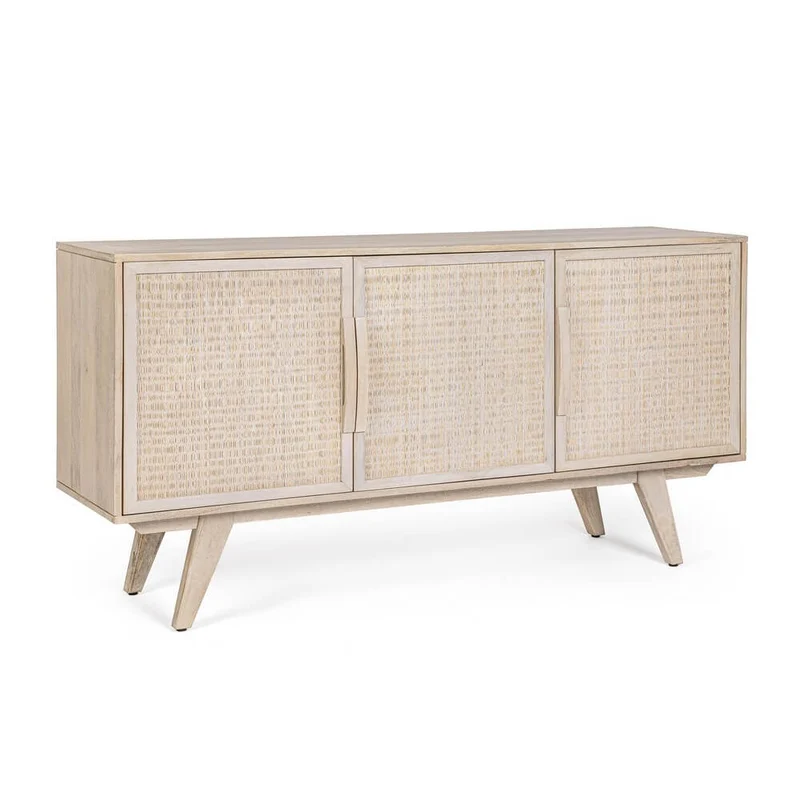 Credenza 3 Ante in Legno di Mango e Rattan Naturale - LENA