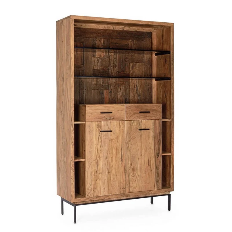 Libreria in Legno di Acacia con 2 Ante e 2 Cassetti in Acciaio - MANGAL