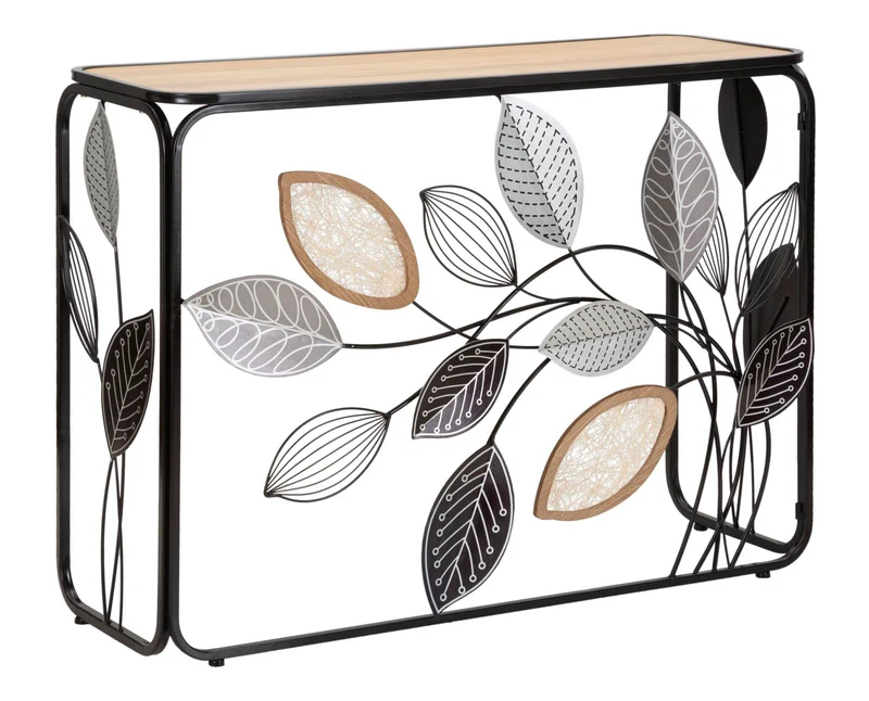 Console in Metallo Nero con Foglie Decorative e Piano in Legno - AUTUMN