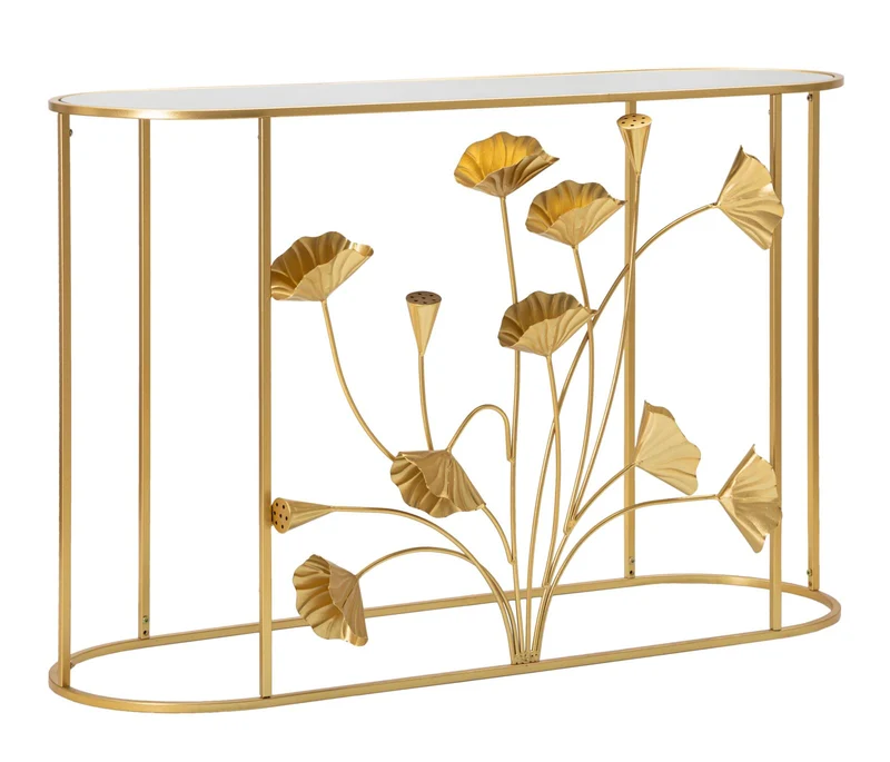 Console in Metallo Dorato con Decori Floreali e Piano in Vetro Specchio - FLOW