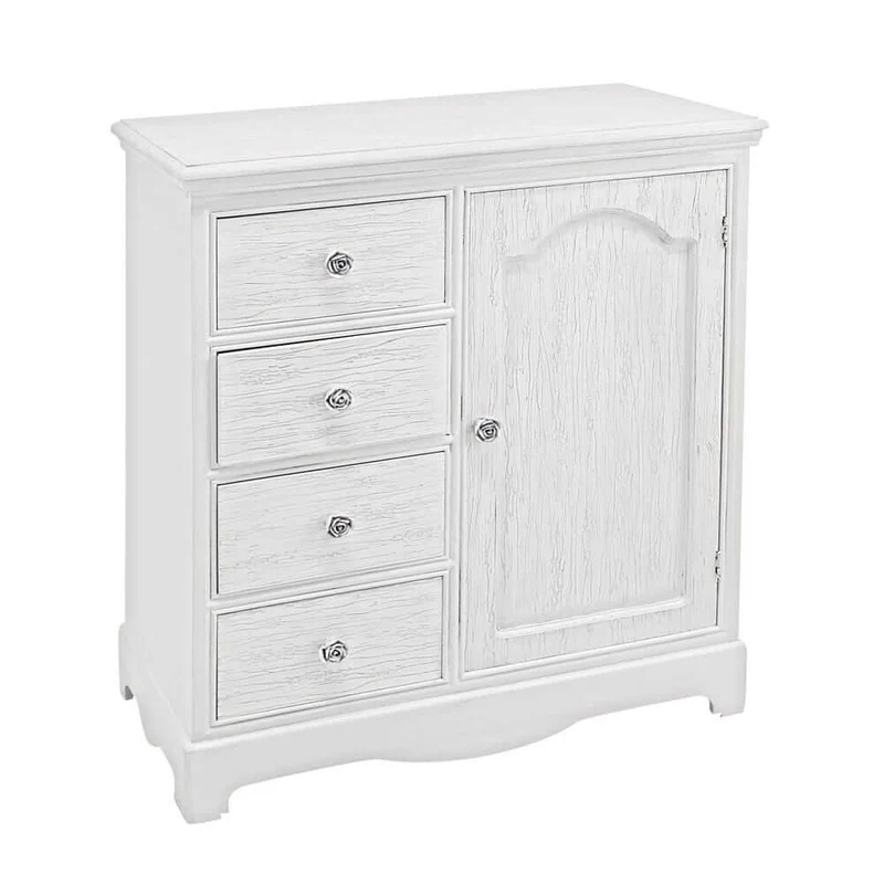 Credenza in Legno Bianco Shabby con 1 Anta e 4 Cassetti - IVORY