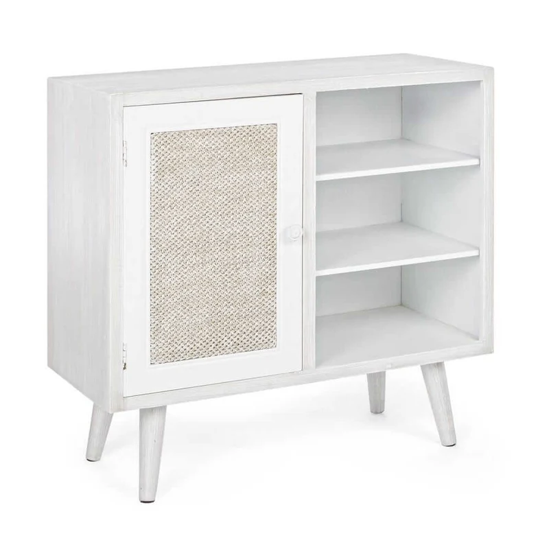 Credenza in MDF con Anta in Tessuto Intrecciato e 3 Ripiani - EVERETT