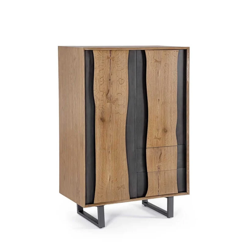 Mobile alto in legno rovere con 2 ante e 2 cassetti gambe in acciaio - BRAMBLE