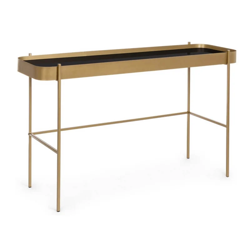 Consolle in Acciaio Dorato con Piano in Vetro Nero 120x43 - ANTONIO