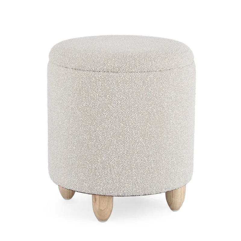 Pouf Contenitore Rotondo in Tessuto Bouclé con Gambe in Legno - MILO