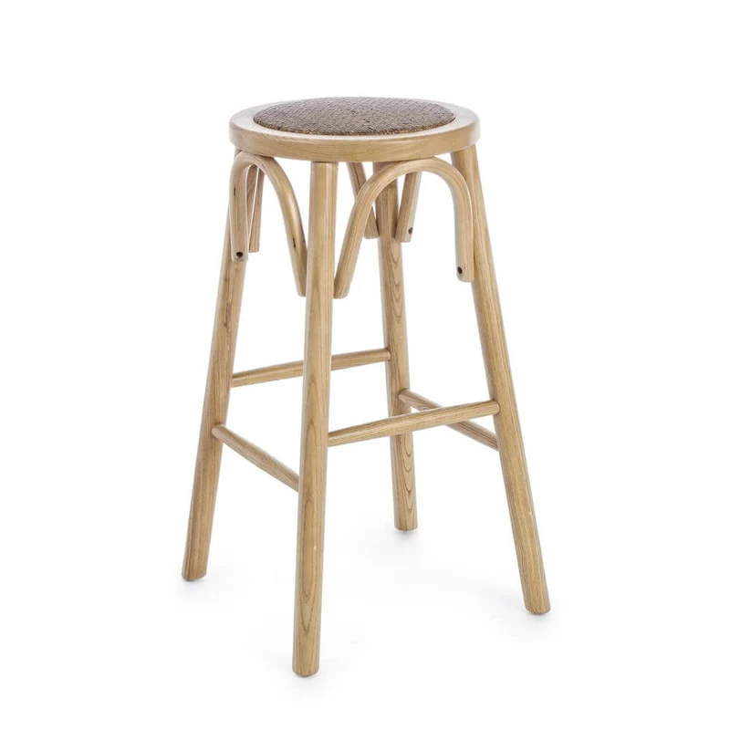 Sgabello da bar in legno di olmo con seduta in rattan naturale H73 - CROSS