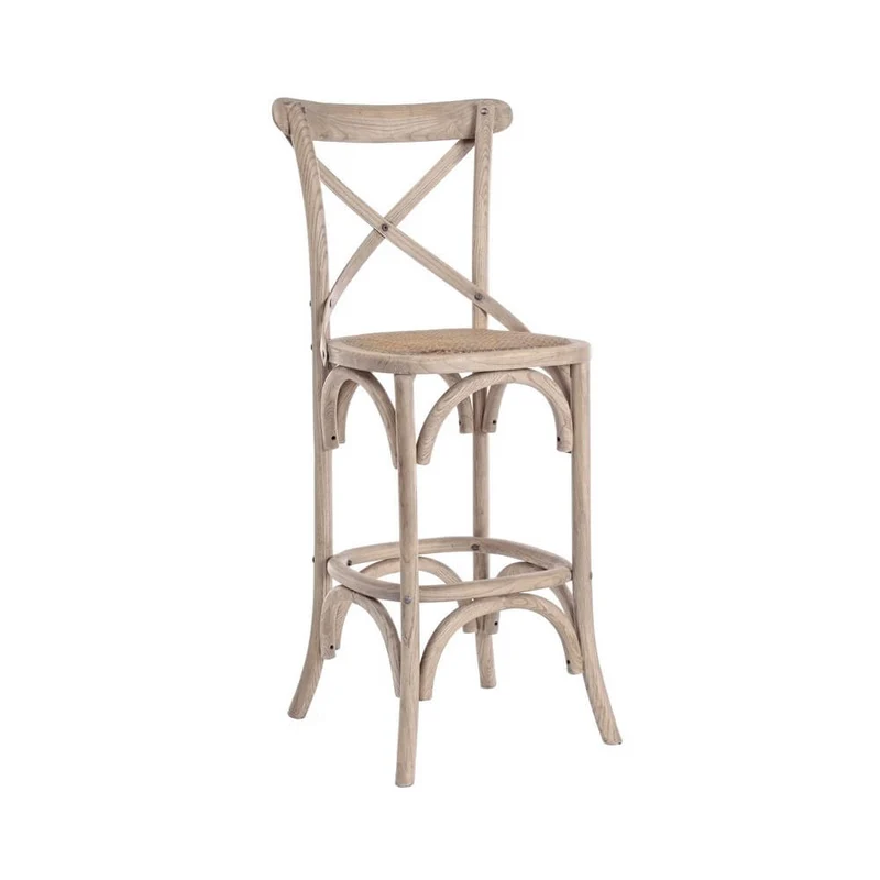 Sgabello da bar in legno di olmo con seduta in rattan naturale H118 - CROSS