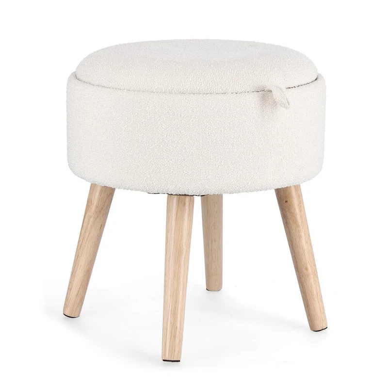 Sgabello contenitore rotondo bouclé bianco con vassoio in legno - BRIAR