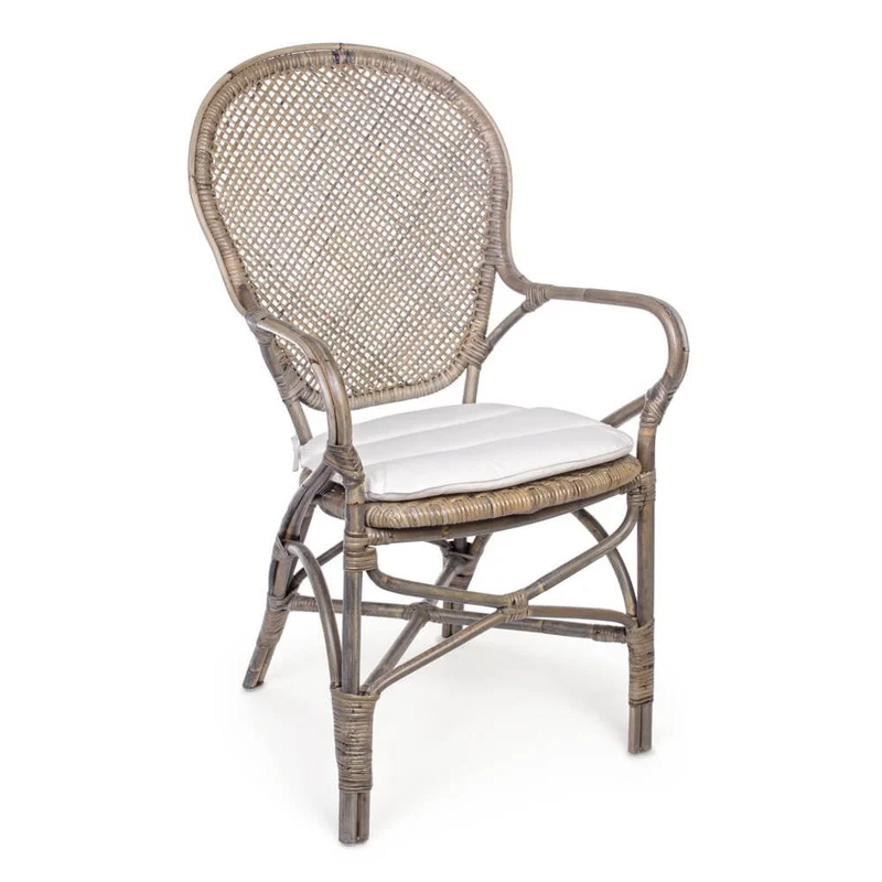 Sedia in Rattan con Braccioli e Cuscino Stile Vintage - ANGELICA