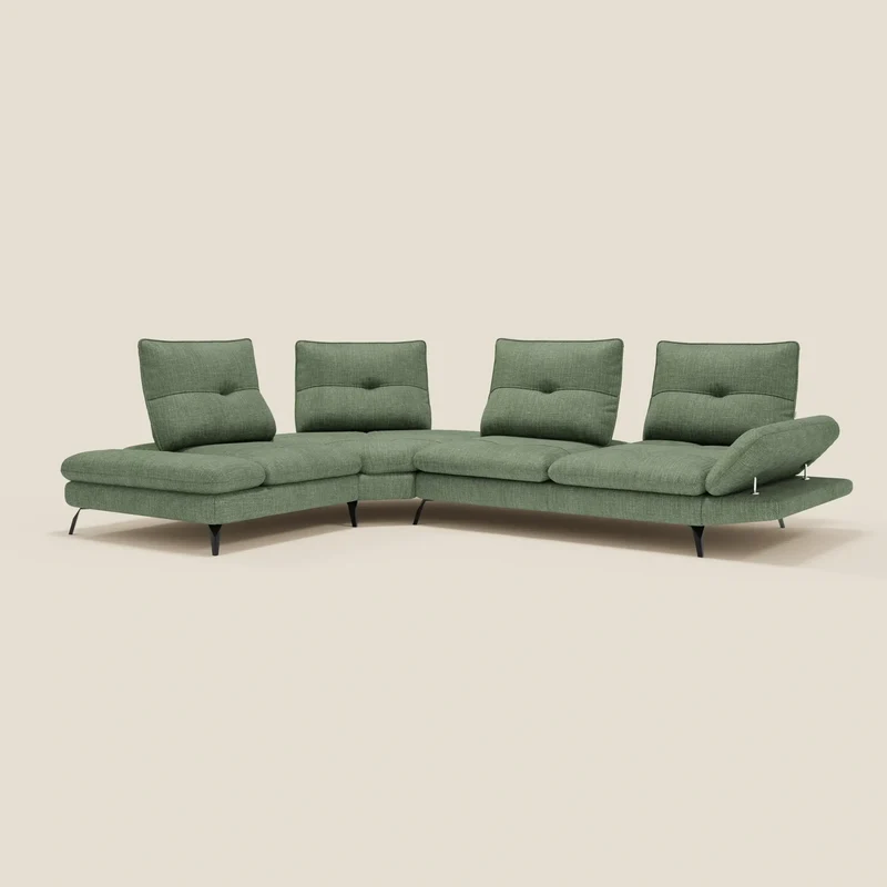 Ardex Divano Angolare - schienali traslanti e bracciolo regolabile in elegante tessuto impermeabile T06 verde