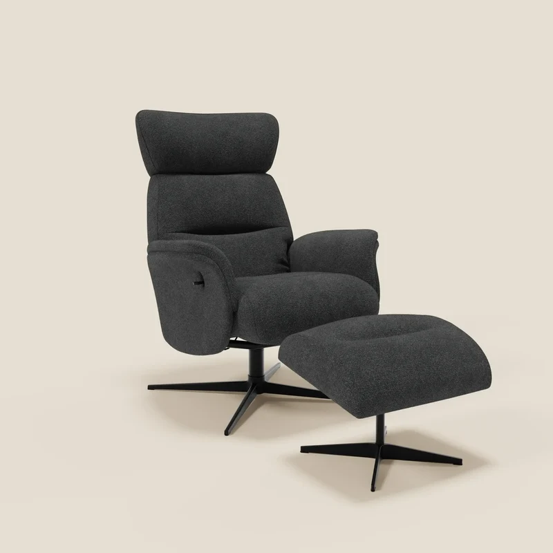 Lunor Poltrona relax reclinabile con pouf poggia-piedi in tessuto bouclé impermeabile T07 antracite