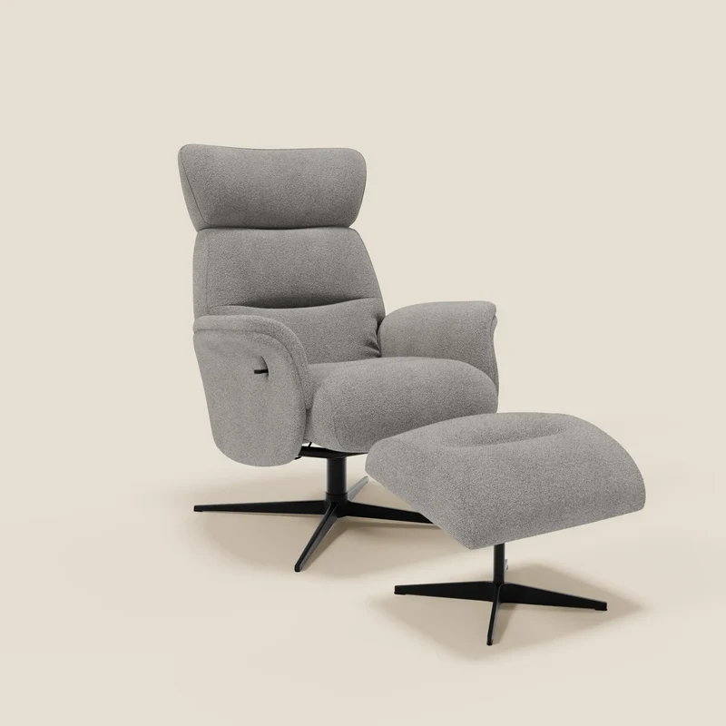 Lunor Poltrona relax reclinabile con pouf poggia-piedi in tessuto bouclé impermeabile T07 grigio