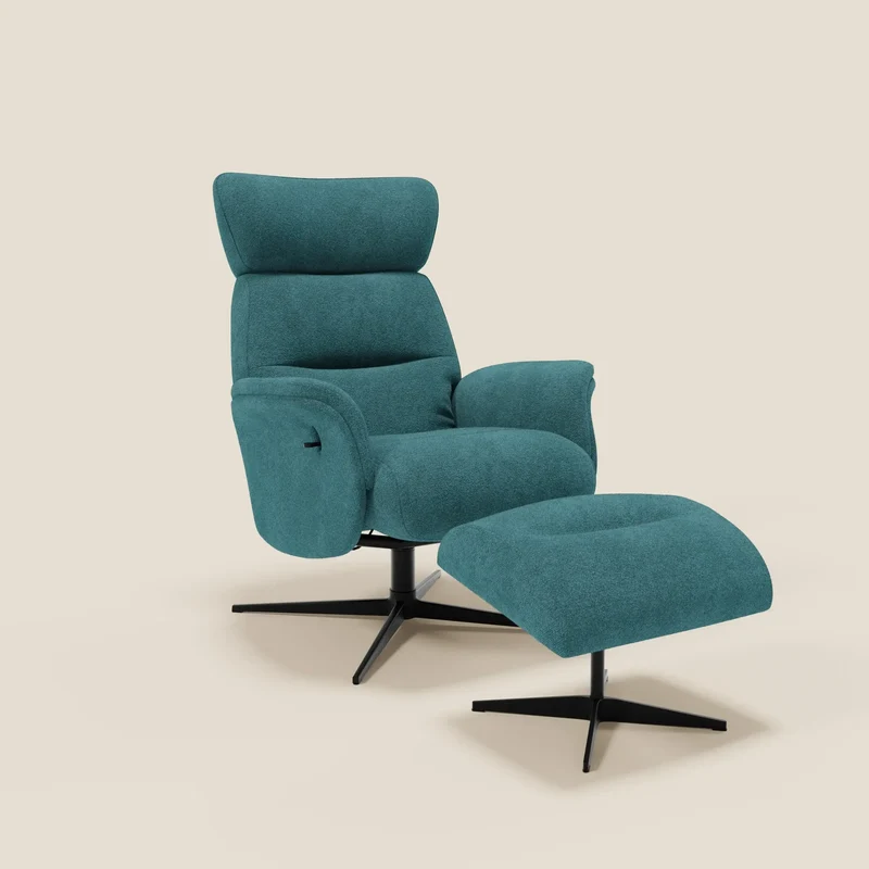 Lunor Poltrona relax reclinabile con pouf poggia-piedi in tessuto bouclé impermeabile T07 azzurro