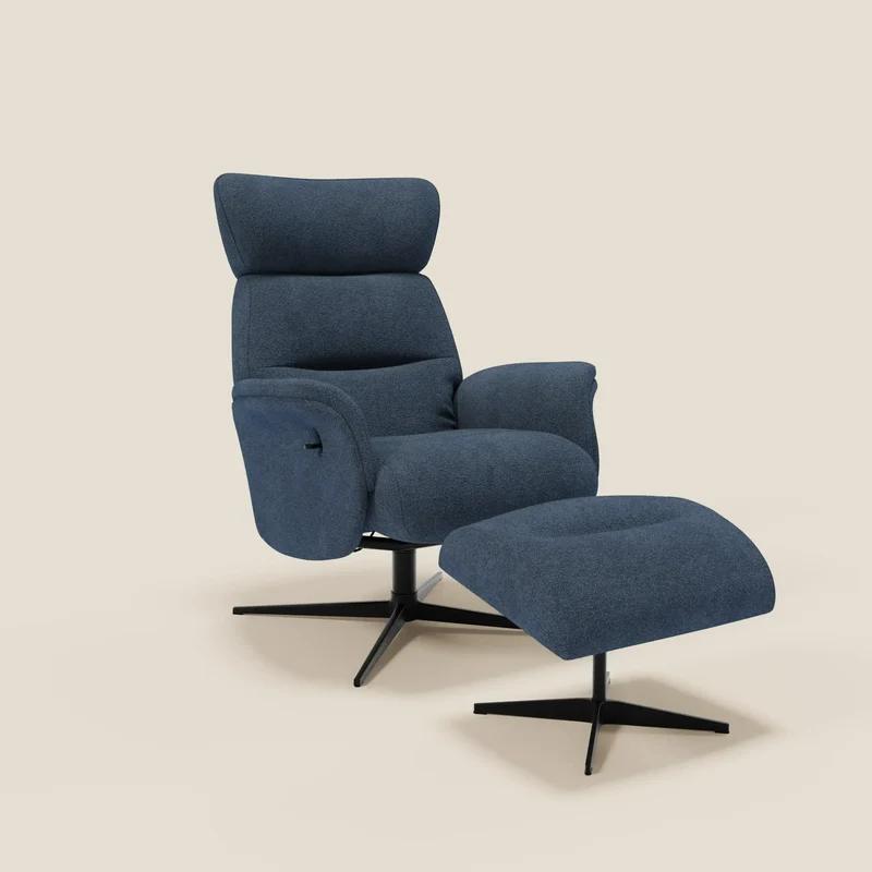 Lunor Poltrona relax reclinabile con pouf poggia-piedi in tessuto bouclé impermeabile T07 blu